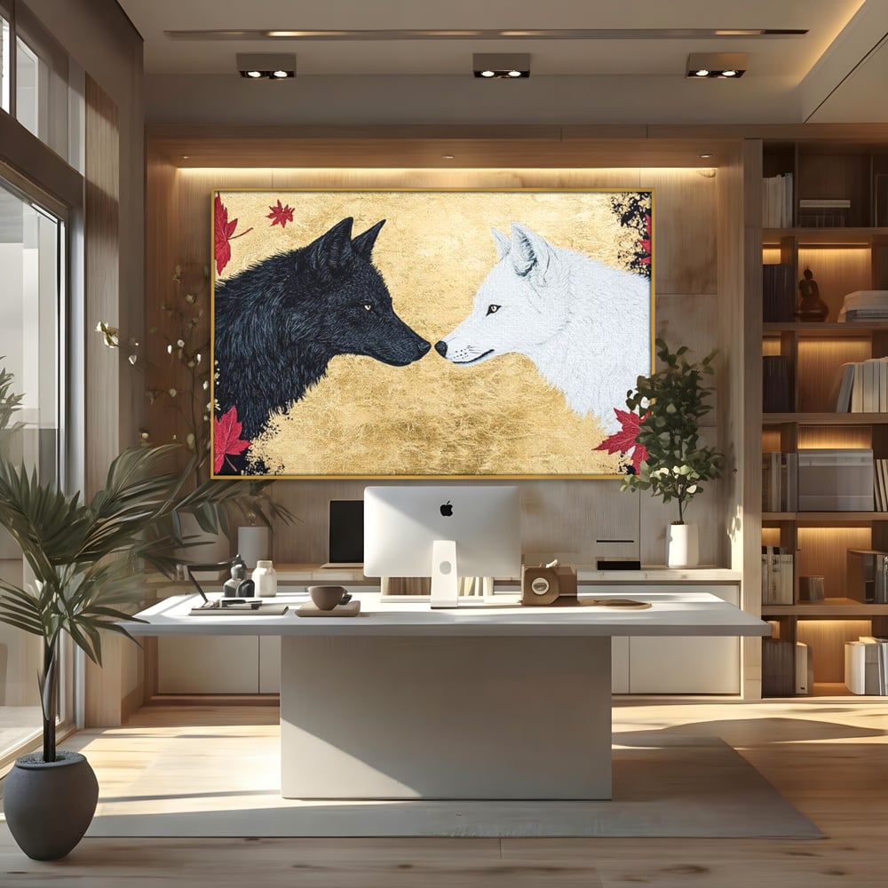 Tablou canvas cu tablou canvas cu doi lupi si frunze de artar, in rama de aluminiu auriu, pe perete intr-un birou